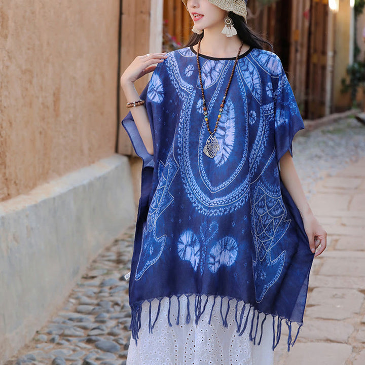 Buddha-Steine, blaue Geometrie, Batik-Schal, Quasten, gemütlicher Reisepullover, 90 x 95 cm - image 2