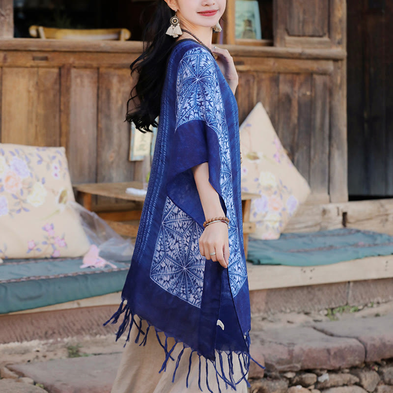 Buddha-Steine, blau, geometrische Streifen, Batik-Schal, Quasten, gemütlicher Reisepullover, 90 x 95 cm - image 3