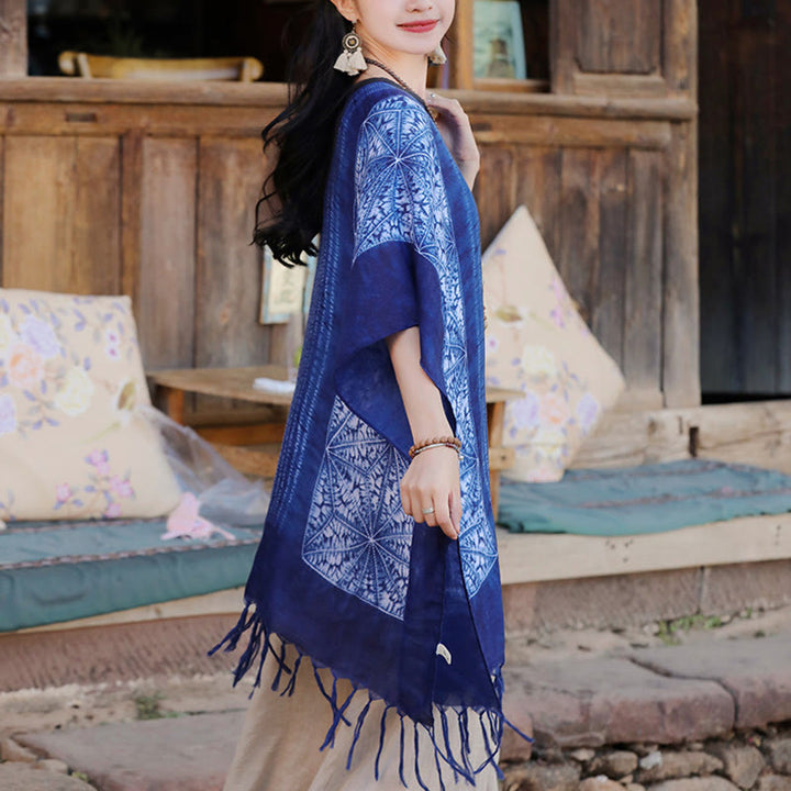 Buddha-Steine, blau, geometrische Streifen, Batik-Schal, Quasten, gemütlicher Reisepullover, 90 x 95 cm - image 3