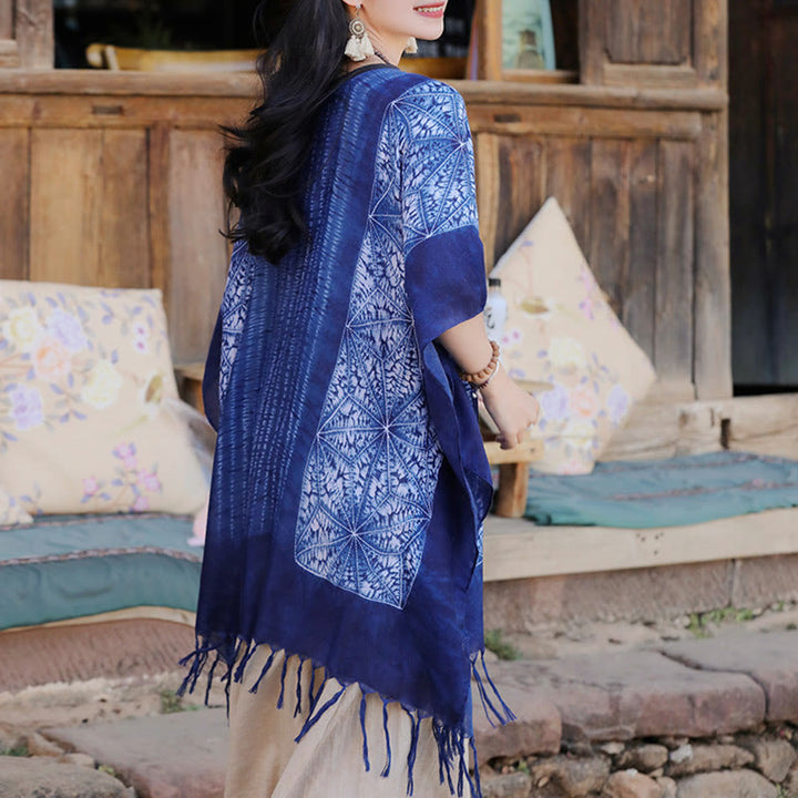 Buddha-Steine, blau, geometrische Streifen, Batik-Schal, Quasten, gemütlicher Reisepullover, 90 x 95 cm - image 4