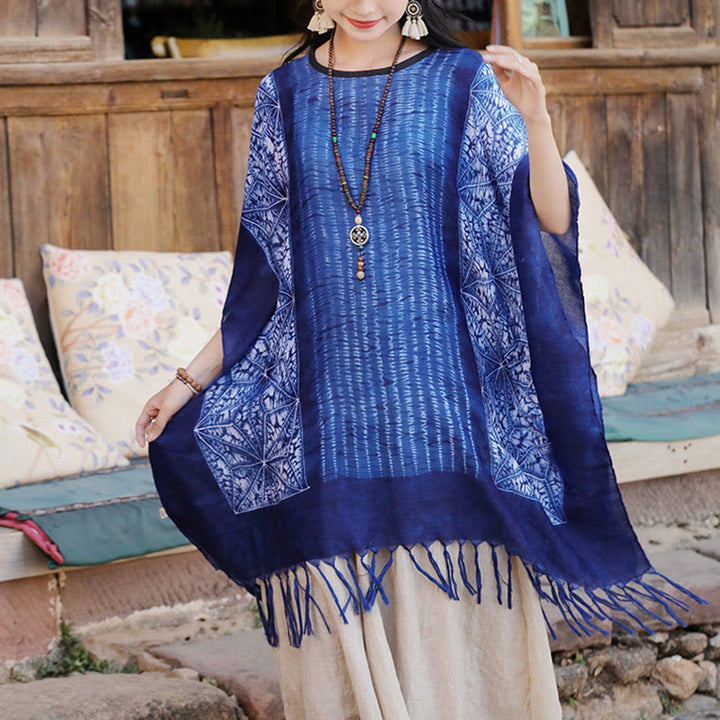 Buddha-Steine, blau, geometrische Streifen, Batik-Schal, Quasten, gemütlicher Reisepullover, 90 x 95 cm - Blaue geometrische Streifen, 90 x 95 cm - image 0