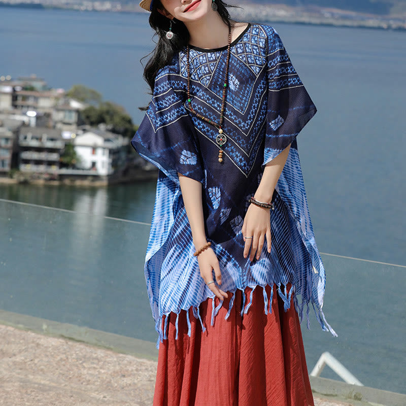 Buddha-Steine, blaue Dreiecksstreifen, Batik-Schal, weicher Pullover, 90 x 95 cm - image 6