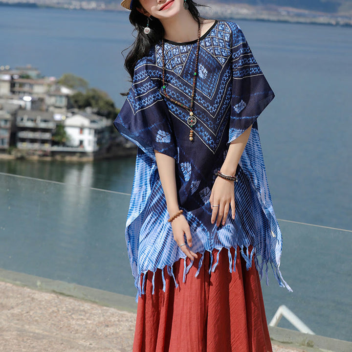 Buddha-Steine, blaue Dreiecksstreifen, Batik-Schal, weicher Pullover, 90 x 95 cm - image 6