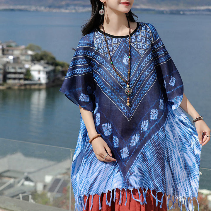 Buddha-Steine, blaue Dreiecksstreifen, Batik-Schal, weicher Pullover, 90 x 95 cm - image 7