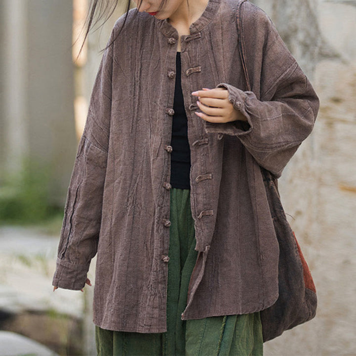 Buddha Stones Batik-Jacke mit Froschknöpfen, langärmelig, Zen-Meditation, offene Vorderseite