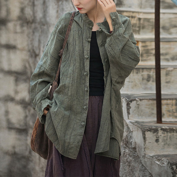 Buddha Stones Batik-Jacke mit Froschknöpfen, langärmelig, Zen-Meditation, offene Vorderseite