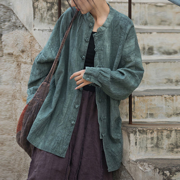 Buddha Stones Batik-Jacke mit Froschknöpfen, langärmelig, Zen-Meditation, offene Vorderseite