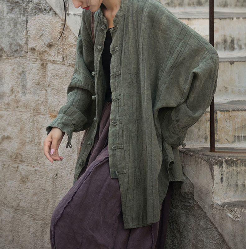 Buddha Stones Batik-Jacke mit Froschknöpfen, langärmelig, Zen-Meditation, offene Vorderseite