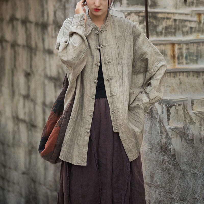 Buddha Stones Batik-Jacke mit Froschknöpfen, langärmelig, Zen-Meditation, offene Vorderseite