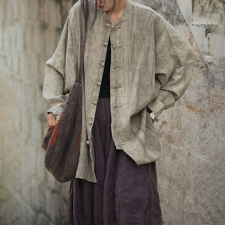 Buddha Stones Batik-Jacke mit Froschknöpfen, langärmelig, Zen-Meditation, offene Vorderseite