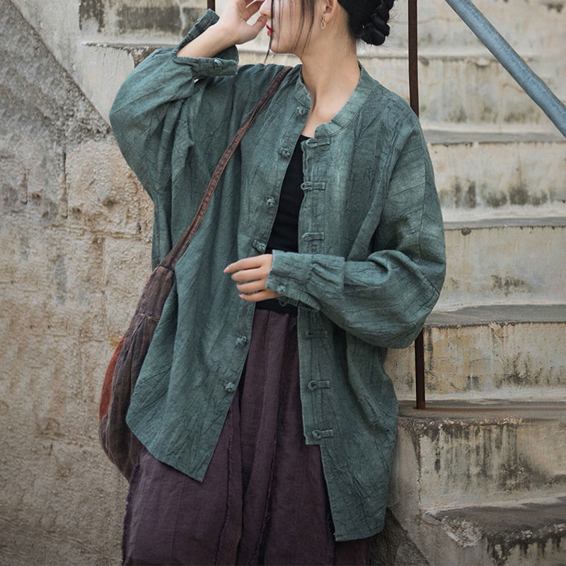 Buddha Stones Batik-Jacke mit Froschknöpfen, langärmelig, Zen-Meditation, offene Vorderseite