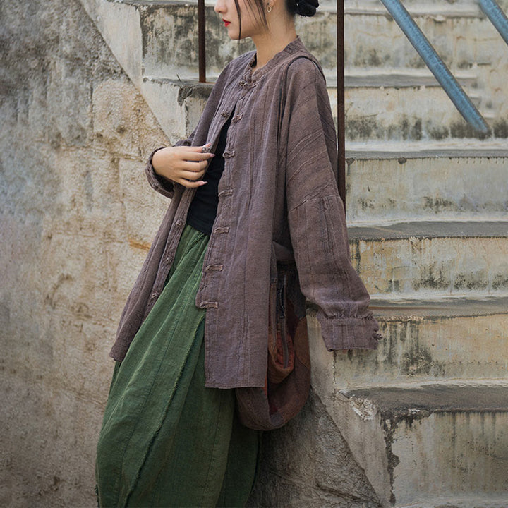 Buddha Stones Batik-Jacke mit Froschknöpfen, langärmelig, Zen-Meditation, offene Vorderseite