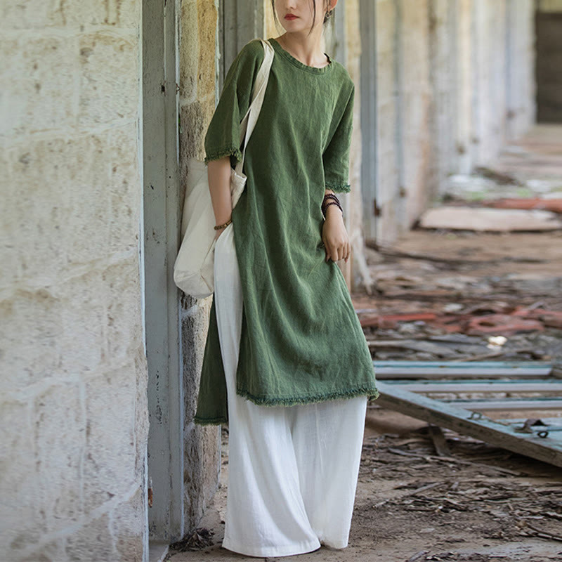 Buddha Stones Mittellanges Kleid Ramie Leinen Halbarm Top T-Shirt mit Schlitz am Saum - image 12