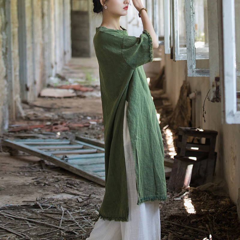 Buddha Stones Mittellanges Kleid Ramie Leinen Halbarm Top T-Shirt mit Schlitz am Saum - image 6