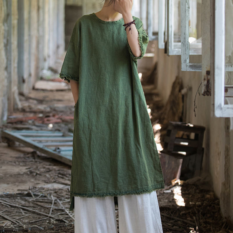 Buddha Stones Mittellanges Kleid Ramie Leinen Halbarm Top T-Shirt mit Schlitz am Saum - image 7