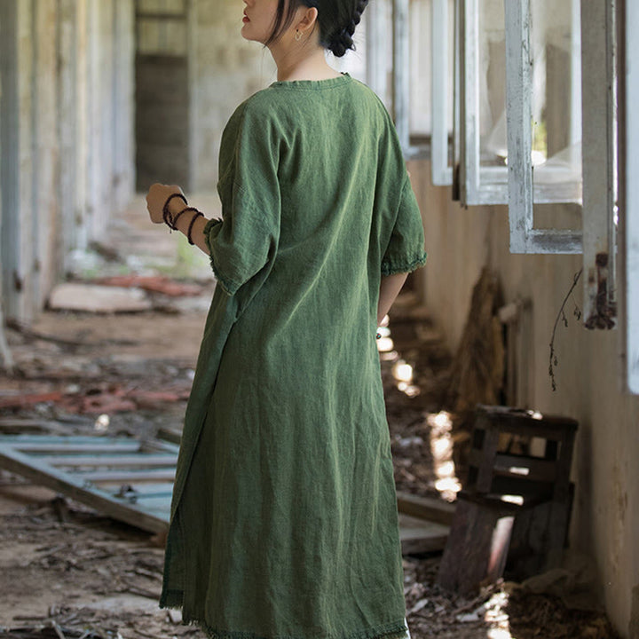 Buddha Stones Mittellanges Kleid Ramie Leinen Halbarm Top T-Shirt mit Schlitz am Saum - image 4