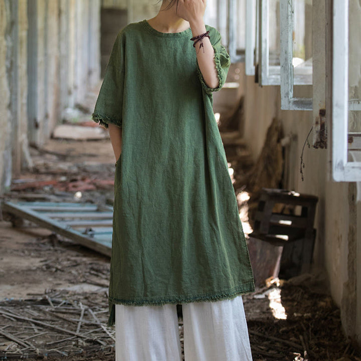 Buddha Stones Mittellanges Kleid Ramie Leinen Halbarm Top T-Shirt mit Schlitz am Saum - image 7