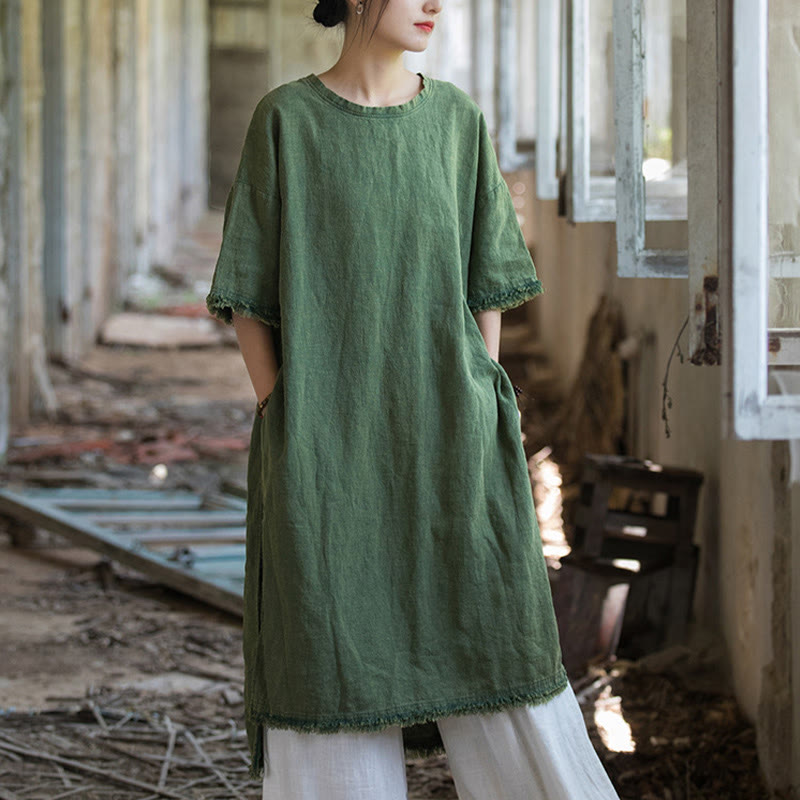 Buddha Stones Mittellanges Kleid Ramie Leinen Halbarm Top T-Shirt mit Schlitz am Saum - Grün (Brustumfang 124 cm/Schulter 60 cm/Länge 101–108 cm) (nur Kleid) - image 0