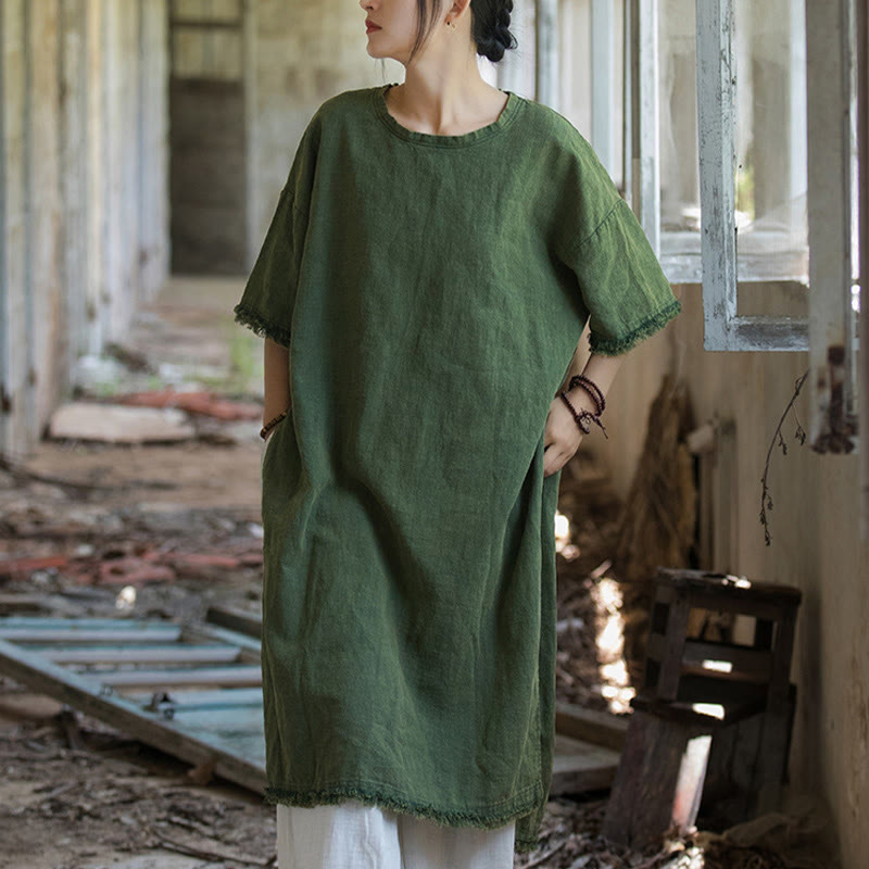 Buddha Stones Mittellanges Kleid Ramie Leinen Halbarm Top T-Shirt mit Schlitz am Saum - image 1