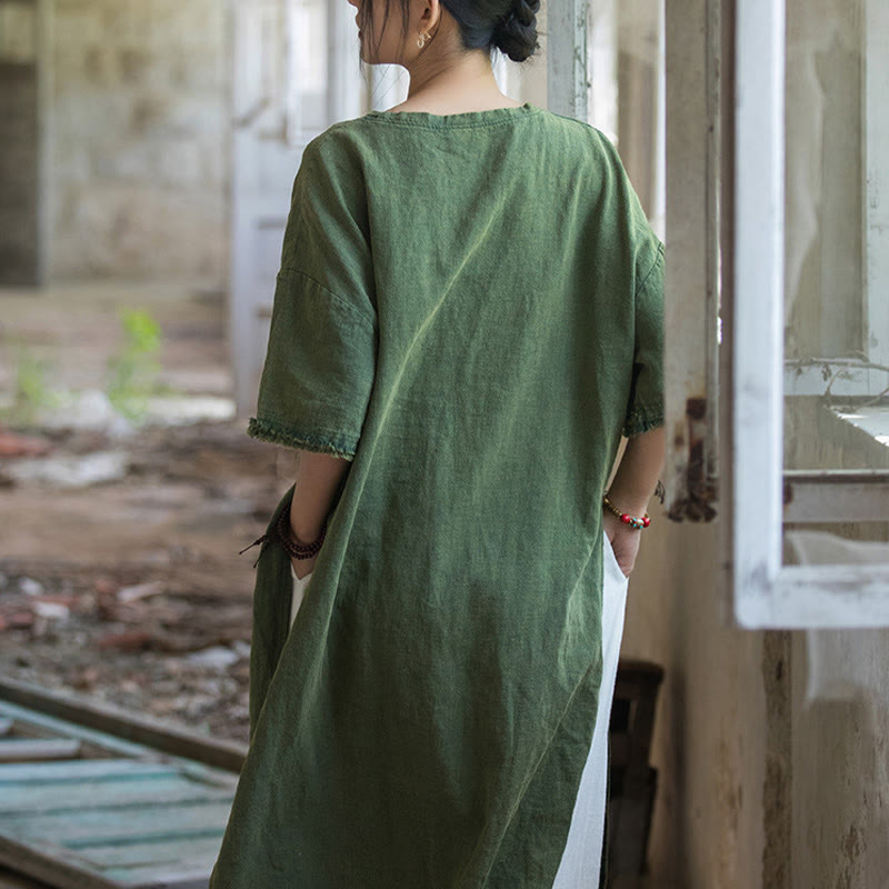 Buddha Stones Mittellanges Kleid Ramie Leinen Halbarm Top T-Shirt mit Schlitz am Saum - image 11
