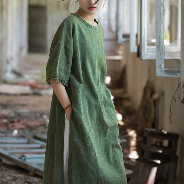 Buddha Stones Mittellanges Kleid Ramie Leinen Halbarm Top T-Shirt mit Schlitz am Saum - image 3