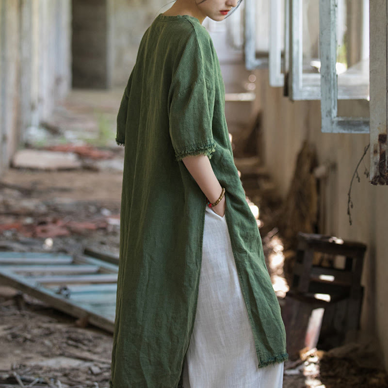 Buddha Stones Mittellanges Kleid Ramie Leinen Halbarm Top T-Shirt mit Schlitz am Saum - image 2