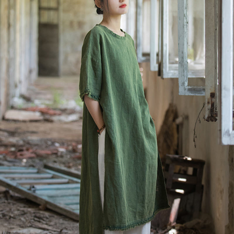 Buddha Stones Mittellanges Kleid Ramie Leinen Halbarm Top T-Shirt mit Schlitz am Saum - image 10