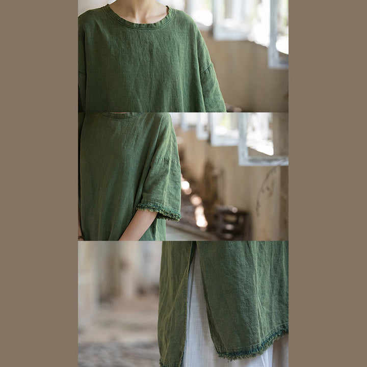 Buddha Stones Mittellanges Kleid Ramie Leinen Halbarm Top T-Shirt mit Schlitz am Saum - image 13