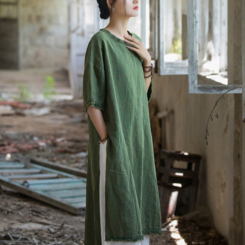 Buddha Stones Mittellanges Kleid Ramie Leinen Halbarm Top T-Shirt mit Schlitz am Saum - image 5