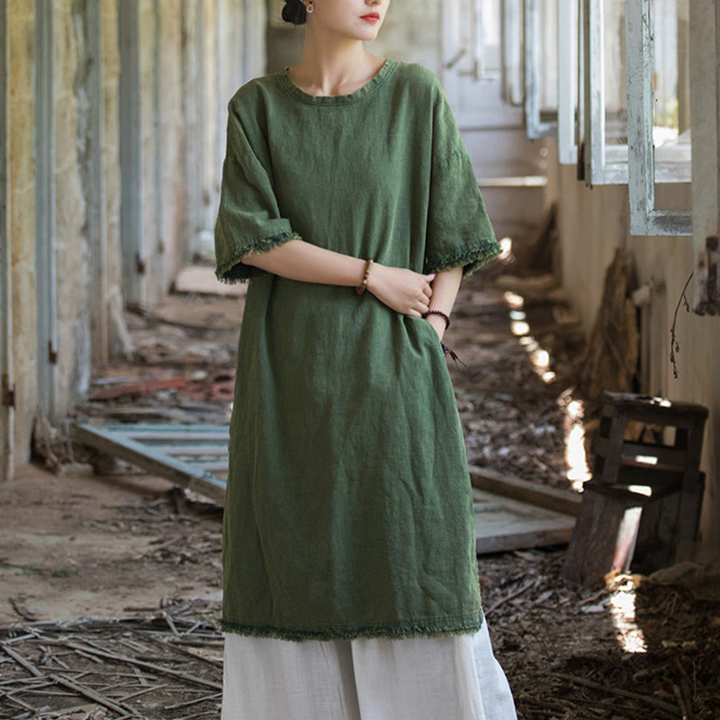 Buddha Stones Mittellanges Kleid Ramie Leinen Halbarm Top T-Shirt mit Schlitz am Saum - image 9