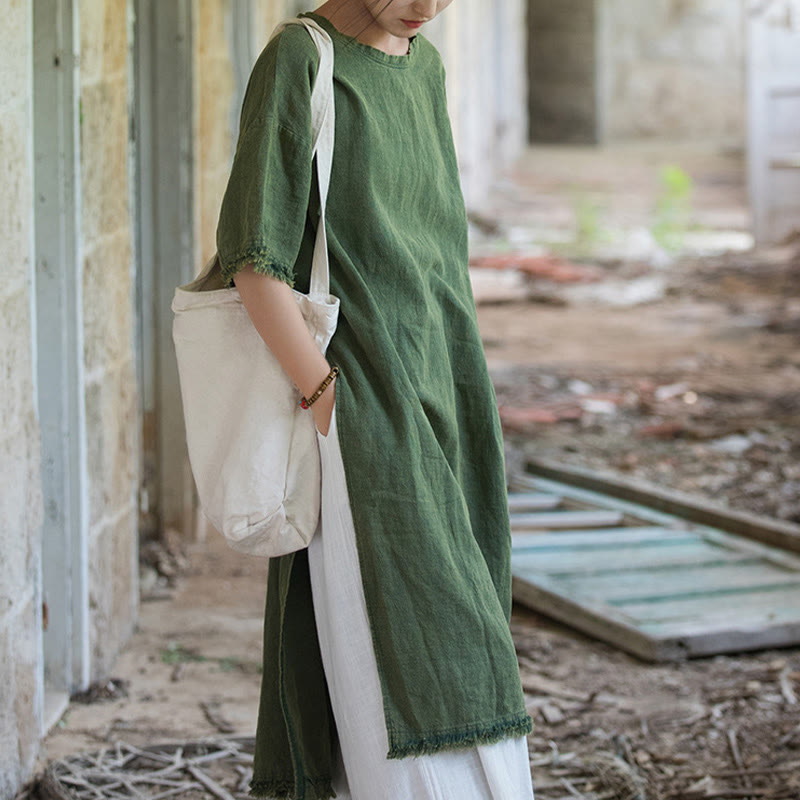 Buddha Stones Mittellanges Kleid Ramie Leinen Halbarm Top T-Shirt mit Schlitz am Saum - image 8