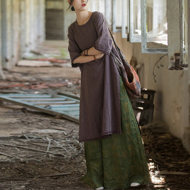 Buddha Stones Mittellanges Kleid Ramie Leinen Halbarm Top T-Shirt mit Schlitz am Saum - image 29