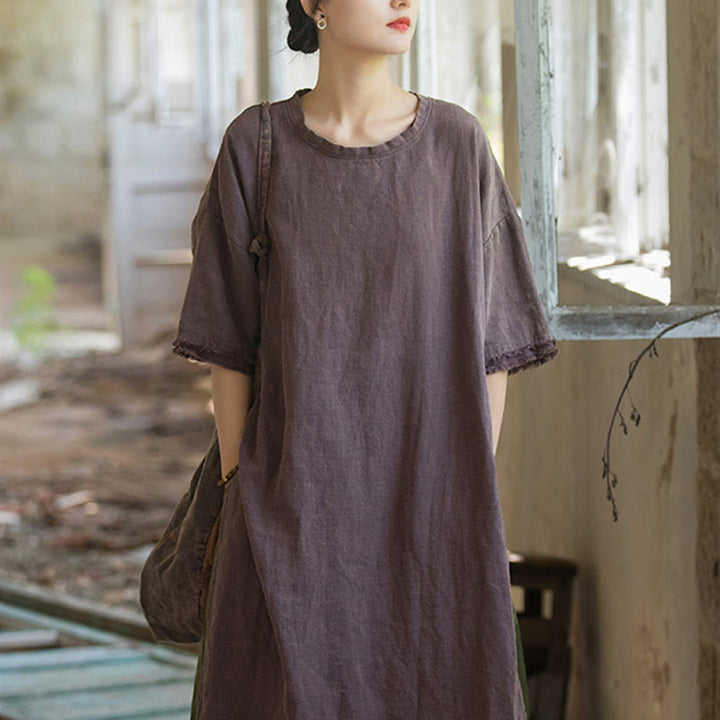 Buddha Stones Mittellanges Kleid Ramie Leinen Halbarm Top T-Shirt mit Schlitz am Saum - image 22