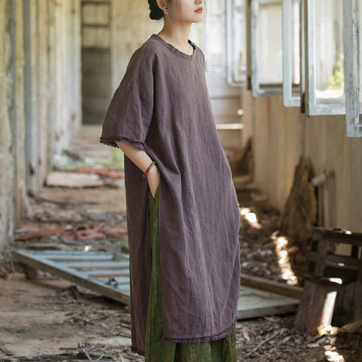 Buddha Stones Mittellanges Kleid Ramie Leinen Halbarm Top T-Shirt mit Schlitz am Saum - image 19