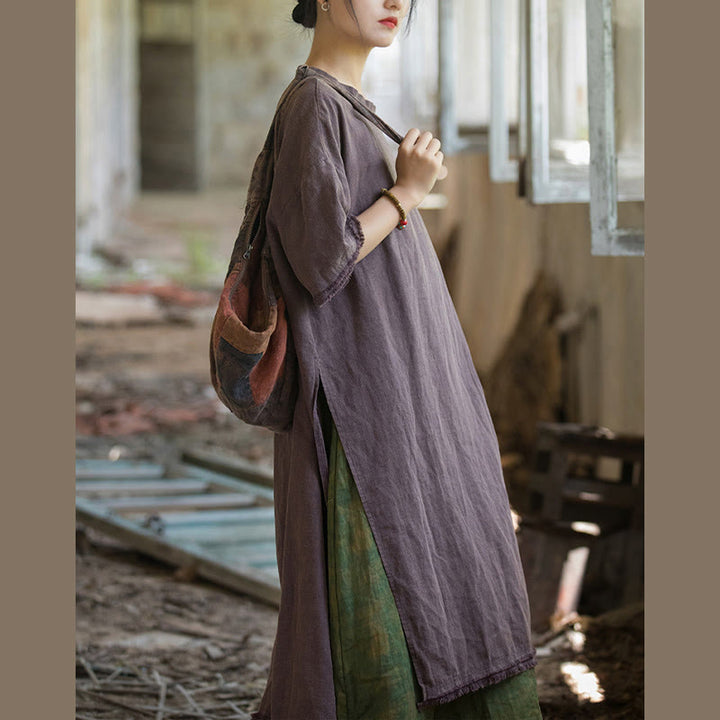 Buddha Stones Mittellanges Kleid Ramie Leinen Halbarm Top T-Shirt mit Schlitz am Saum - image 24