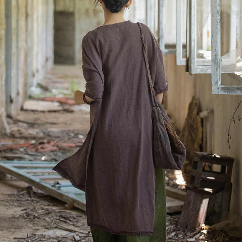 Buddha Stones Mittellanges Kleid Ramie Leinen Halbarm Top T-Shirt mit Schlitz am Saum - image 18