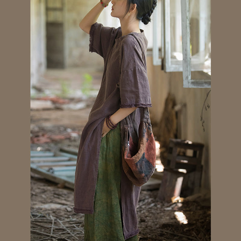 Buddha Stones Mittellanges Kleid Ramie Leinen Halbarm Top T-Shirt mit Schlitz am Saum - image 23