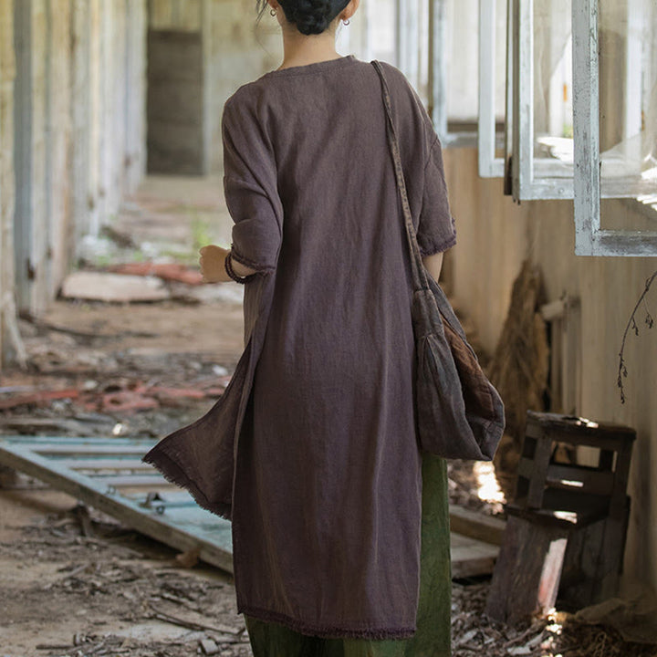 Buddha Stones Mittellanges Kleid Ramie Leinen Halbarm Top T-Shirt mit Schlitz am Saum - image 18