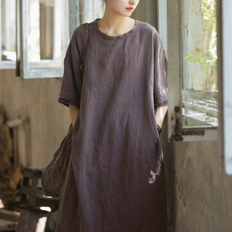 Buddha Stones Mittellanges Kleid Ramie Leinen Halbarm Top T-Shirt mit Schlitz am Saum - image 20
