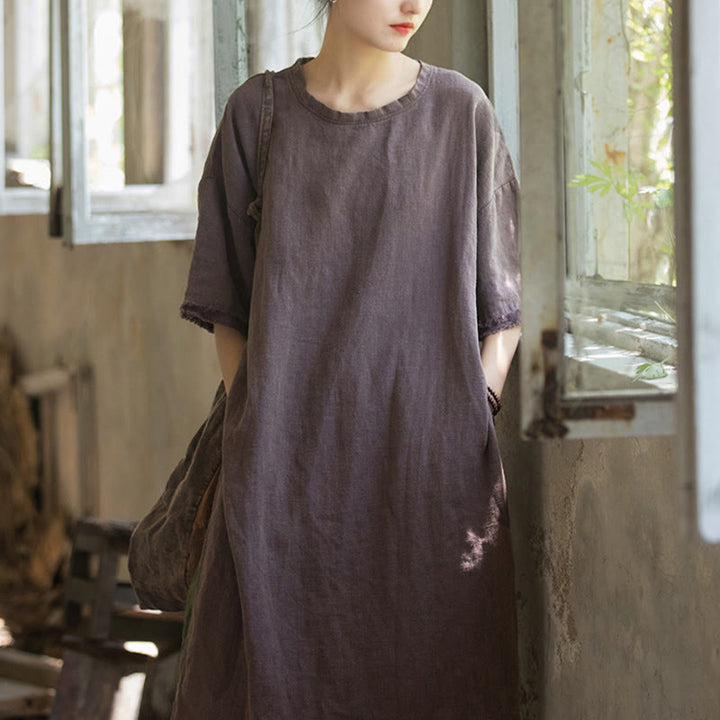 Buddha Stones Mittellanges Kleid Ramie Leinen Halbarm Top T-Shirt mit Schlitz am Saum - image 20