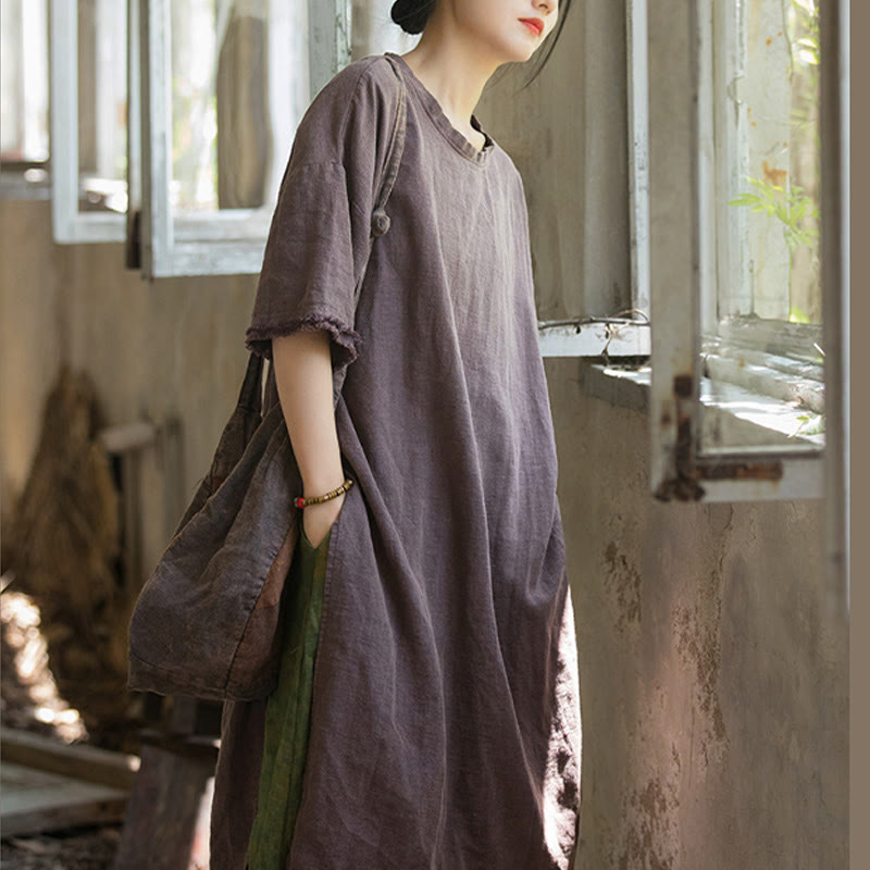 Buddha Stones Mittellanges Kleid Ramie Leinen Halbarm Top T-Shirt mit Schlitz am Saum - image 21