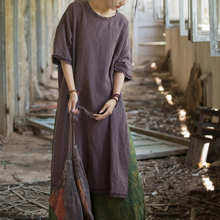 Buddha Stones Mittellanges Kleid Ramie Leinen Halbarm Top T-Shirt mit Schlitz am Saum - image 25