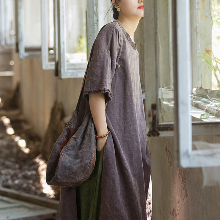 Buddha Stones Mittellanges Kleid Ramie Leinen Halbarm Top T-Shirt mit Schlitz am Saum - image 27