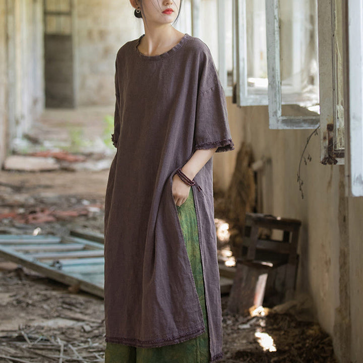 Buddha Stones Mittellanges Kleid Ramie Leinen Halbarm Top T-Shirt mit Schlitz am Saum - image 16