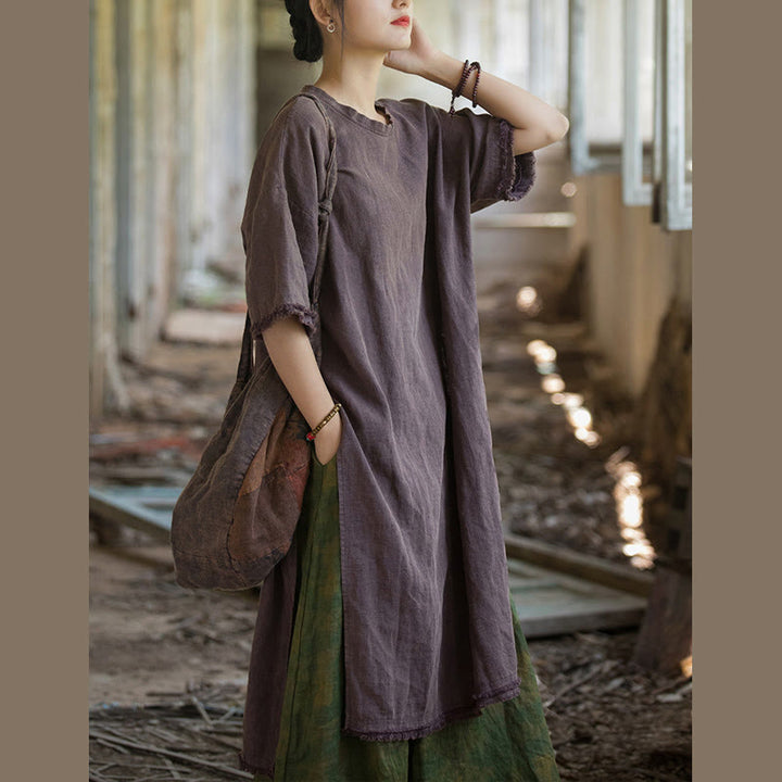 Buddha Stones Mittellanges Kleid Ramie Leinen Halbarm Top T-Shirt mit Schlitz am Saum - image 28