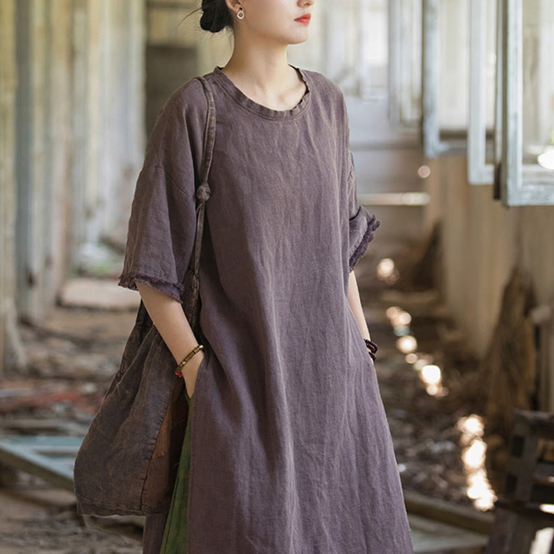 Buddha Stones Mittellanges Kleid Ramie Leinen Halbarm Top T-Shirt mit Schlitz am Saum - image 26
