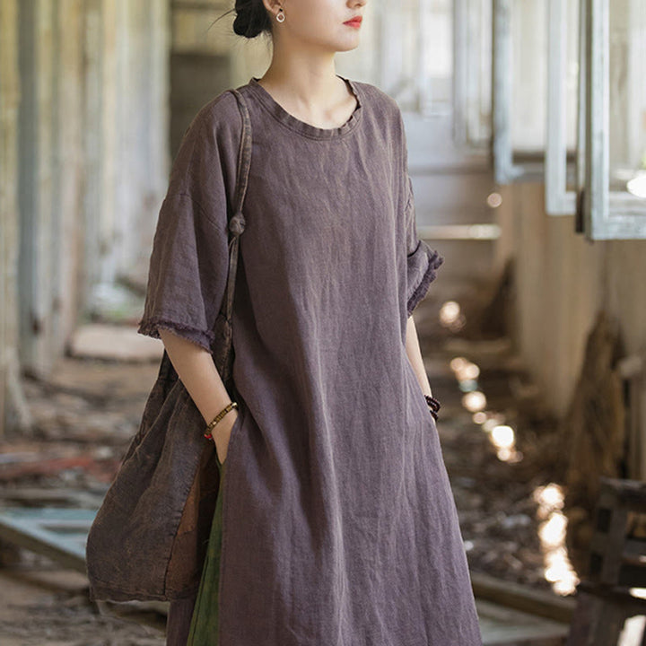 Buddha Stones Mittellanges Kleid Ramie Leinen Halbarm Top T-Shirt mit Schlitz am Saum - image 26