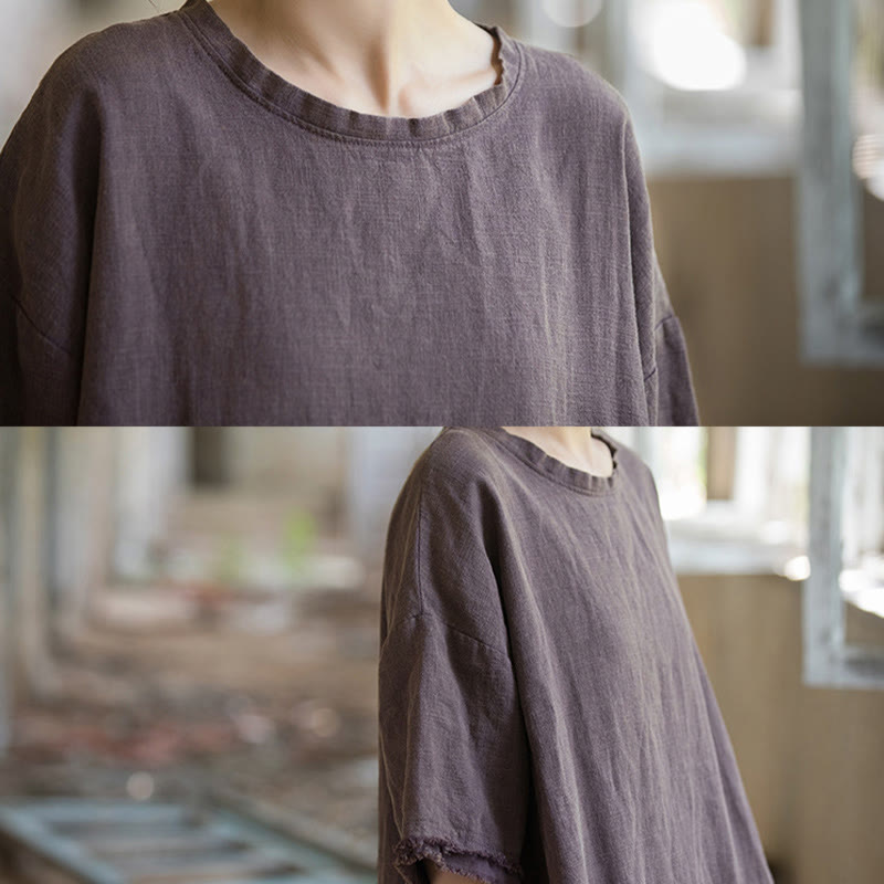 Buddha Stones Mittellanges Kleid Ramie Leinen Halbarm Top T-Shirt mit Schlitz am Saum - image 30