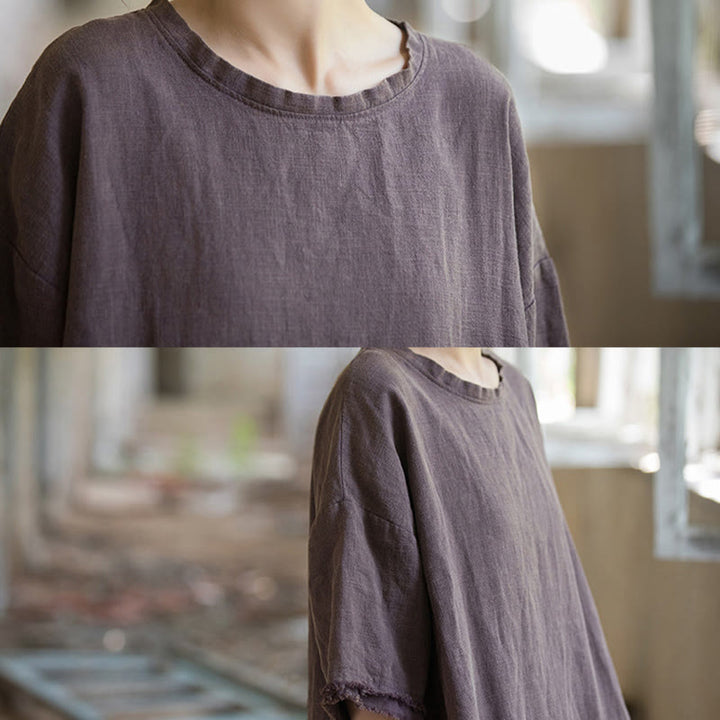 Buddha Stones Mittellanges Kleid Ramie Leinen Halbarm Top T-Shirt mit Schlitz am Saum - image 30