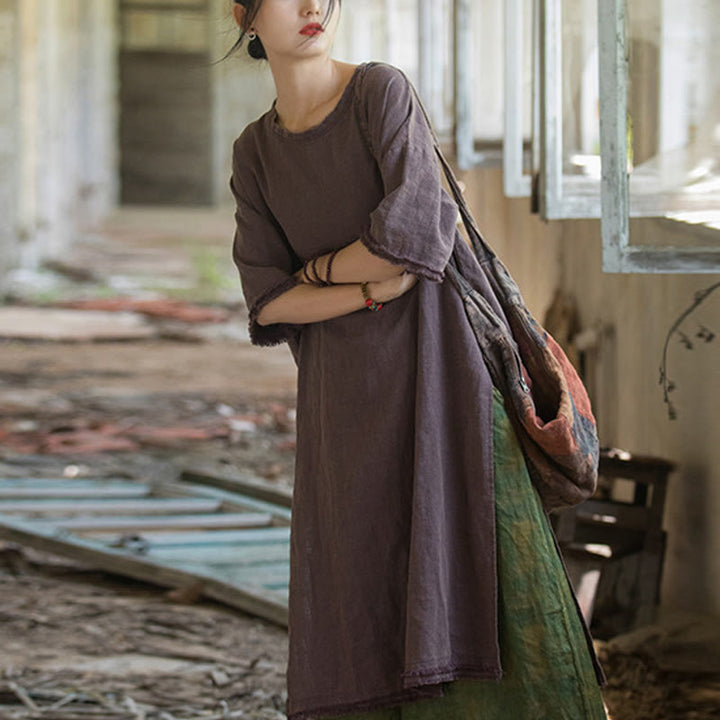 Buddha Stones Mittellanges Kleid Ramie Leinen Halbarm Top T-Shirt mit Schlitz am Saum - Lila (Brustumfang 124 cm/Schulter 60 cm/Länge 101–108 cm) (nur Kleid) - image 15